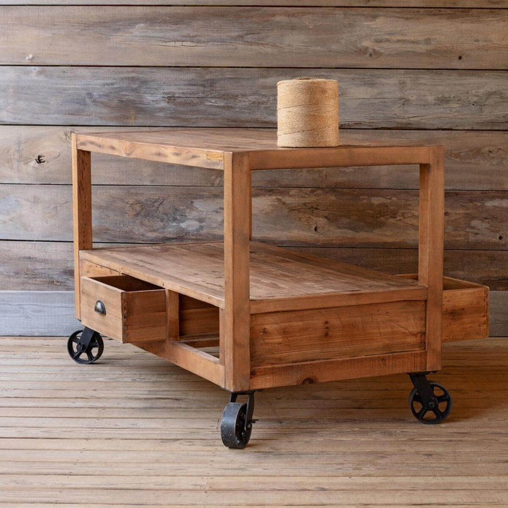 Vintage Industrial Factory Cart Island with reclaimed wood and metal wheels, showcasing early 20th-century craftsmanship and style.