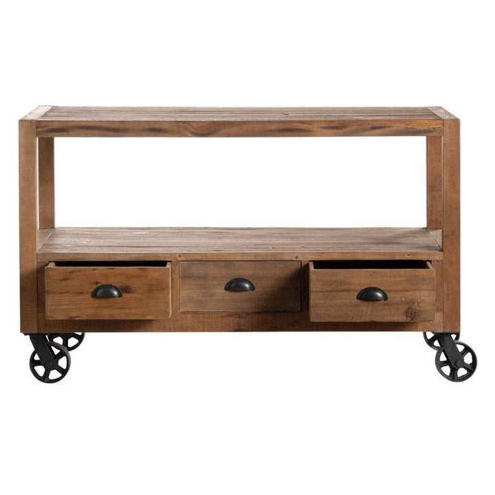 Vintage Industrial Factory Cart Island with reclaimed wood and metal wheels, reminiscent of early 20th-century craftsmanship.