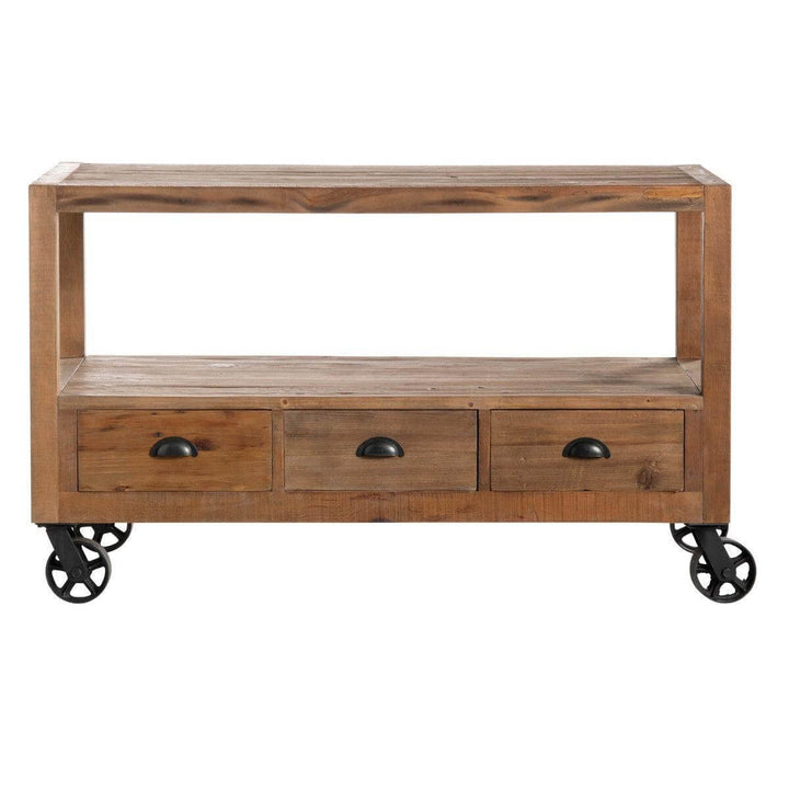 Vintage Industrial Factory Cart Island made from reclaimed wood with metal wheels and drawers