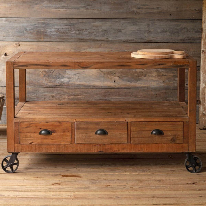 Vintage Industrial Factory Cart Island with reclaimed wood and metal wheels, showcasing craftsmanship and timeless design.
