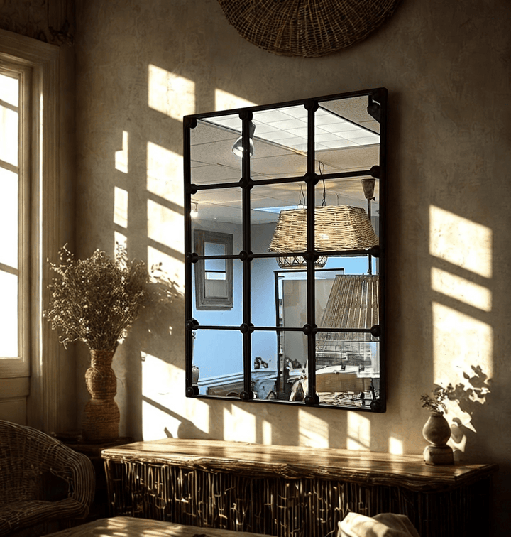 Vintage Industrial Grid Wall Mirror with rustic metal frame in a sunlit room showcasing vintage and farmhouse decor.