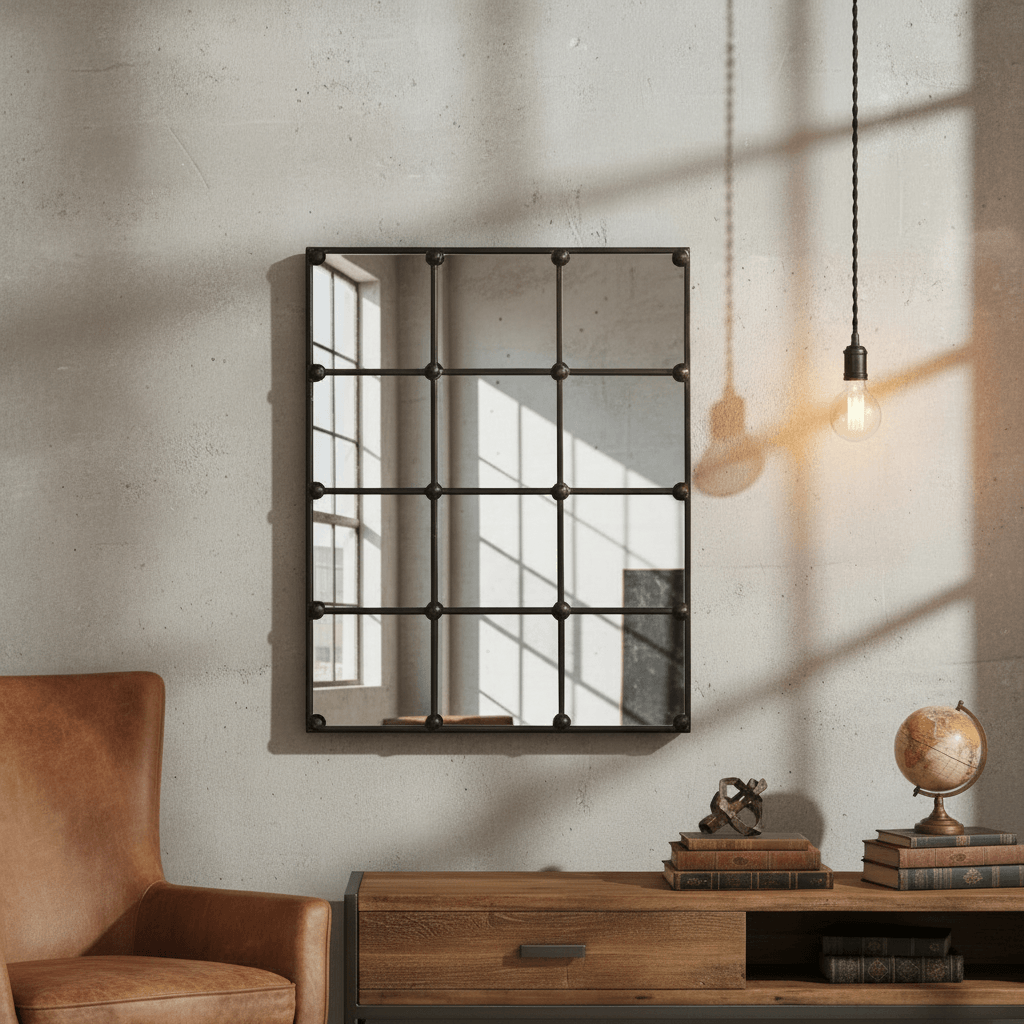 Vintage Industrial Grid Wall Mirror with rustic metal frame in a loft-style room, featuring a classic windowpane design.