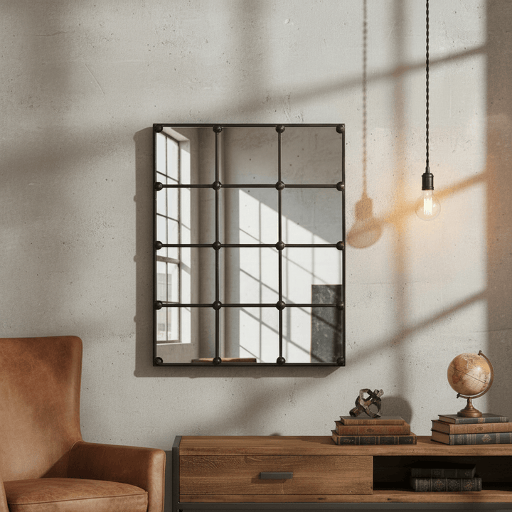 Vintage Industrial Grid Wall Mirror with rustic metal frame in a loft-style room, featuring a classic windowpane design.