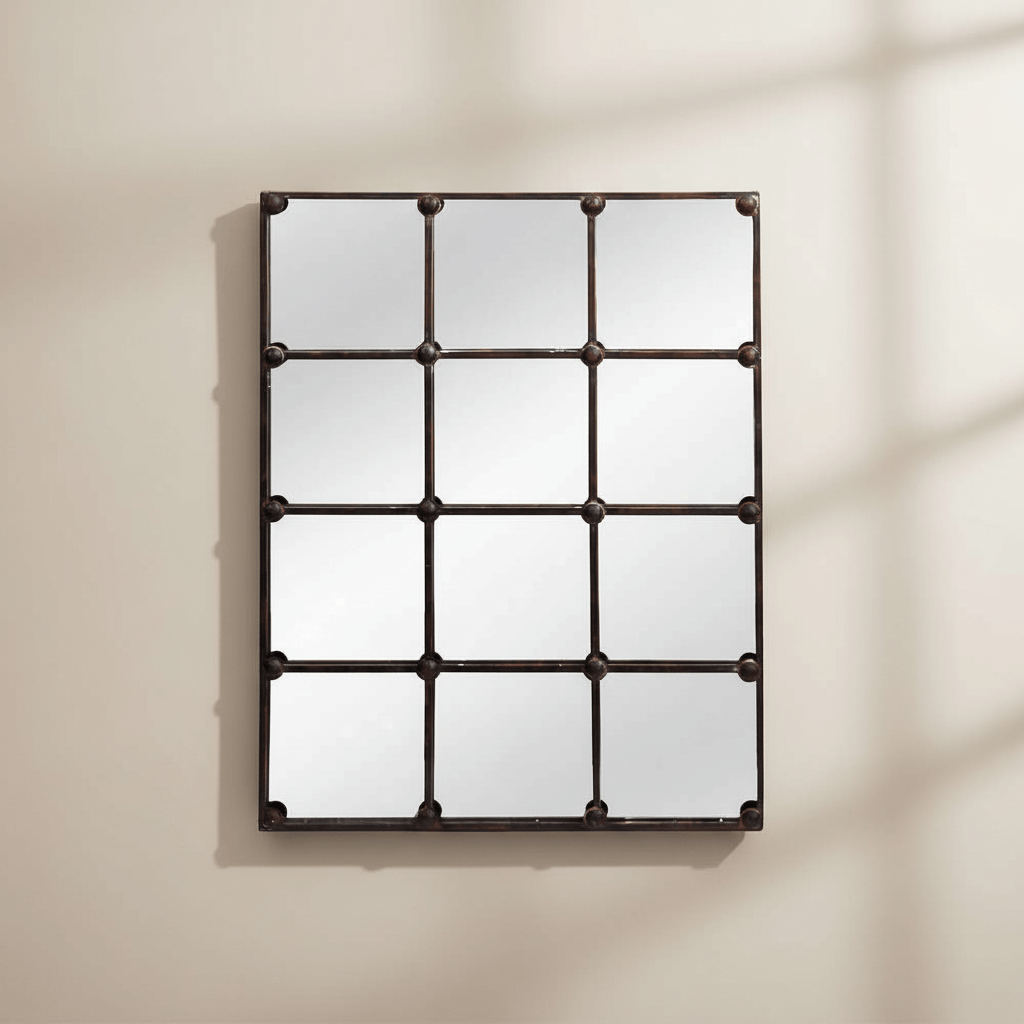 Vintage Industrial Grid Wall Mirror with rustic metal frame and windowpane design adds character and depth to loft or home decor.