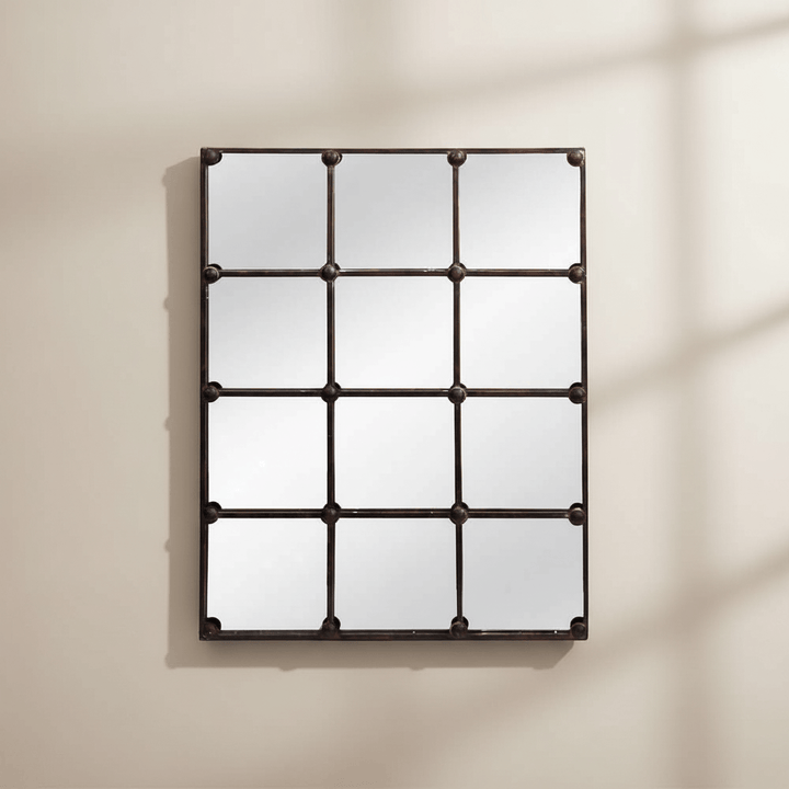 Vintage Industrial Grid Wall Mirror with rustic metal frame and windowpane design adds character and depth to loft or home decor.