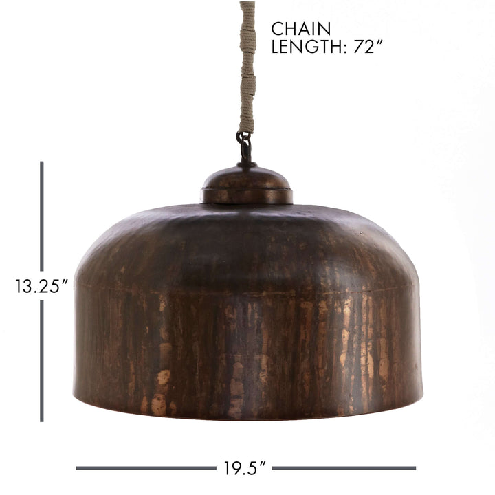 Vintage industrial iron pendant light with jute wrap, featuring a domed shade and rustic charm, measuring 13.25" x 19.5".