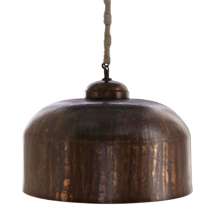 Vintage industrial iron pendant light with jute wrap and rustic finish, perfect for a timeless home decor.