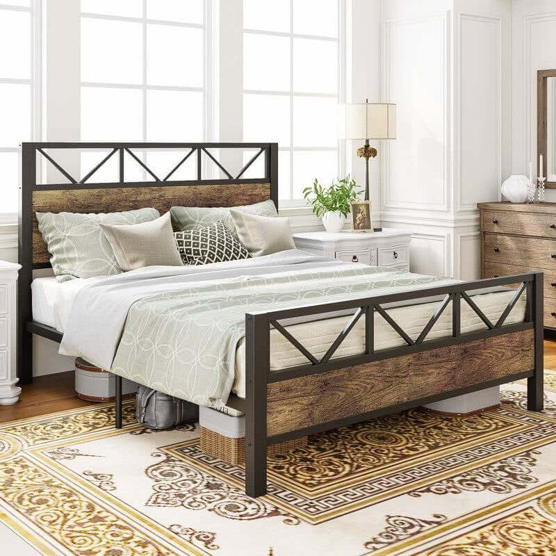 Vintage Industrial Queen Bed Frame with Headboard and Footboard in a rustic bedroom setting, featuring wood tones and metal accents.