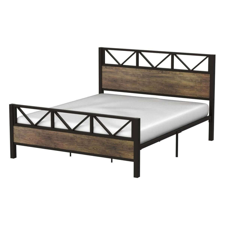 Vintage Industrial Queen Bed Frame with Headboard and Footboard featuring metal and wood design.