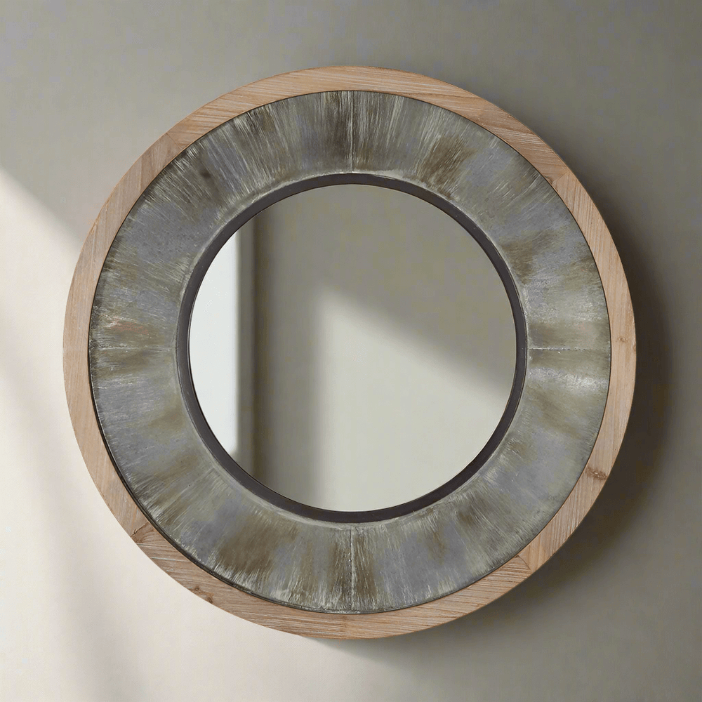 Vintage industrial round wall mirror featuring a wood and metal frame, perfect for adding rustic charm to any space.