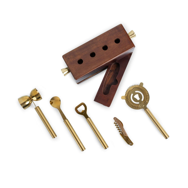 Vintage-Inspired Bar Tool Set with Brass Finish on white background