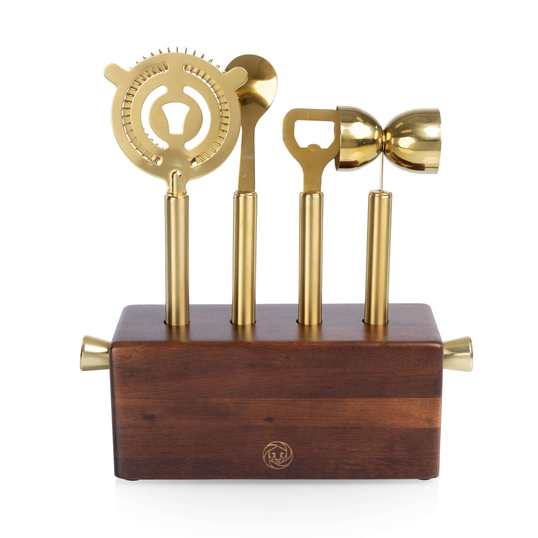 Vintage-Inspired Bar Tool Set with Brass Finish on acacia base, featuring classic cocktail tools for sophisticated mixology.