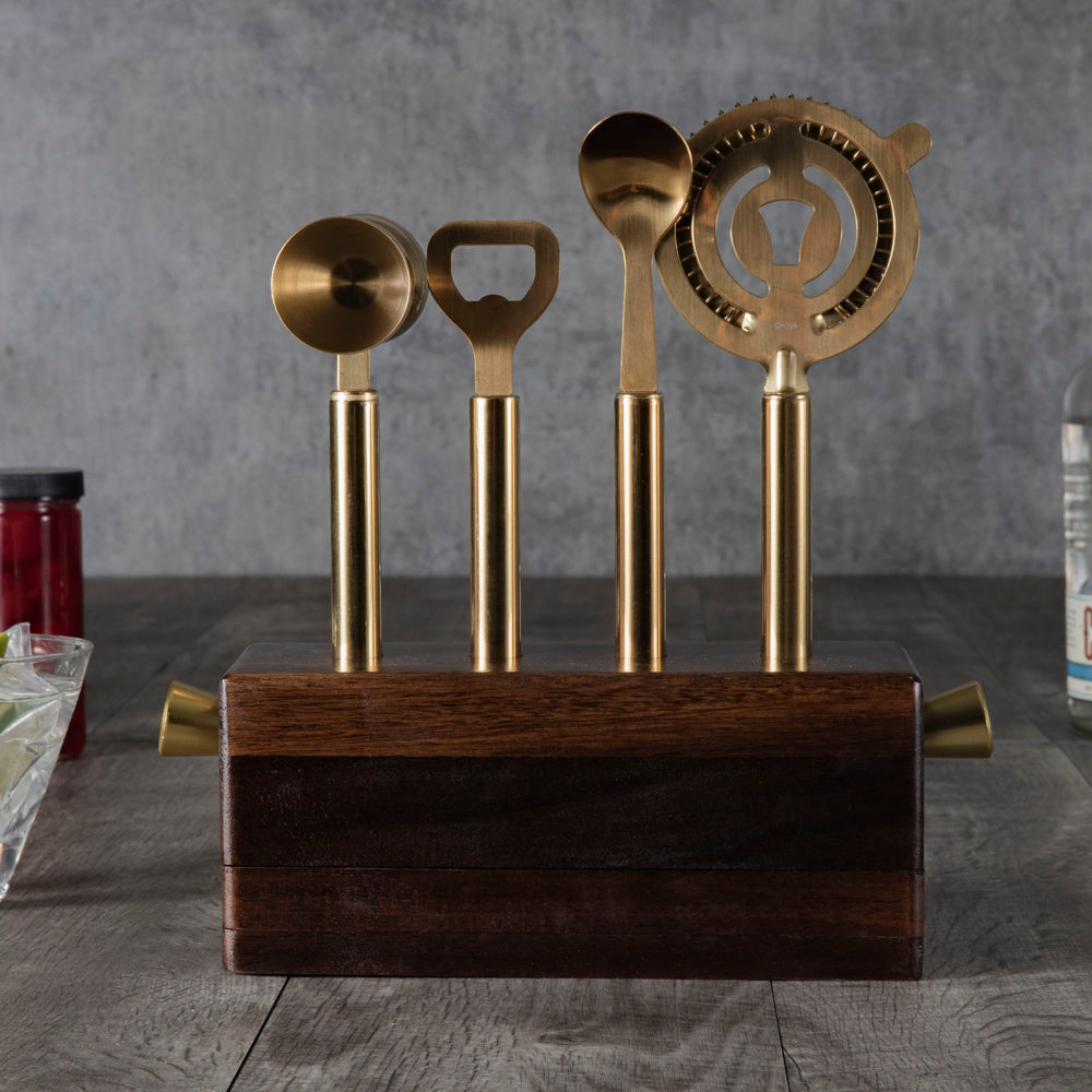 Vintage-Inspired Bar Tool Set with Brass Finish on acacia stand for elegant cocktail crafting