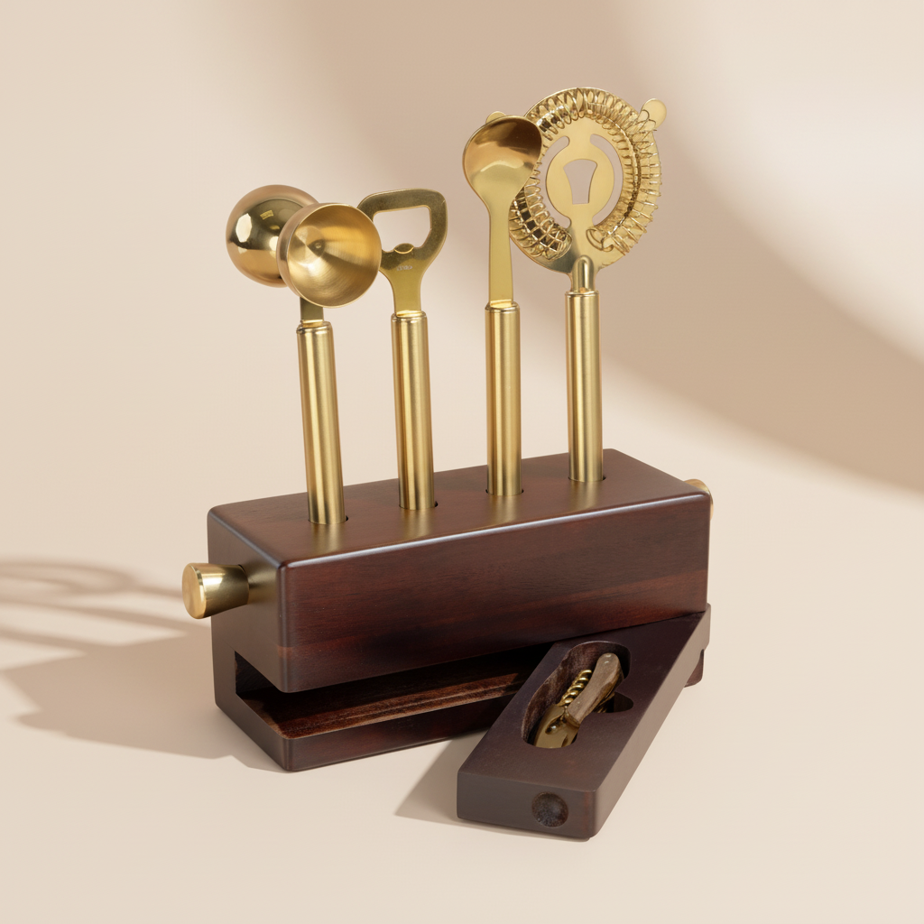 Vintage-Inspired Bar Tool Set with Brass Finish in a wooden holder