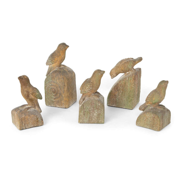Set of 5 vintage-inspired bird figurines with aged finish, capturing the charm of rustic gardens and cottage verandas.