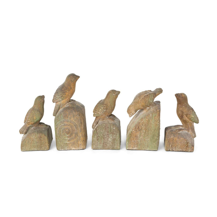 Set of 5 vintage-inspired bird figurines with aged finish, evoking garden charm and timeless elegance, made from durable magnesium oxide.