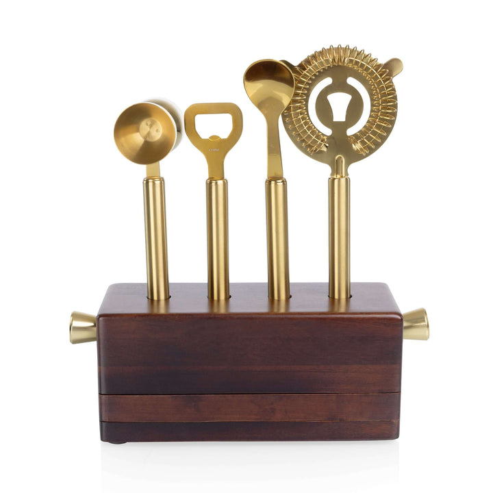 Vintage-Inspired Bar Tool Set with Brass Finish on acacia wood base, showcasing mid-century style and classic craftsmanship.