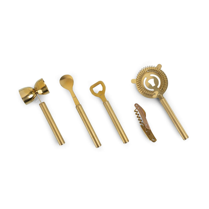 Vintage-Inspired Bar Tool Set with Brass Finish including five elegant pieces on white background