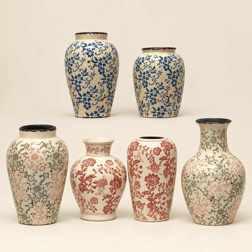Six floral ceramic vase and jar styles in blue, white, and red on a warm ivory studio surface