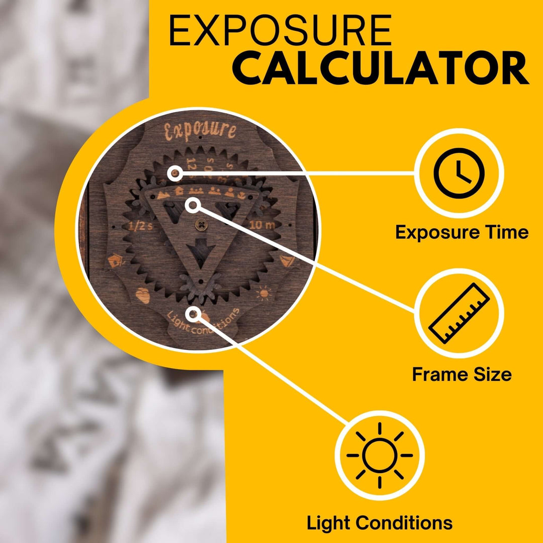 Exposure calculator for pinhole square instant film camera showing settings for exposure time, frame size, and light conditions.