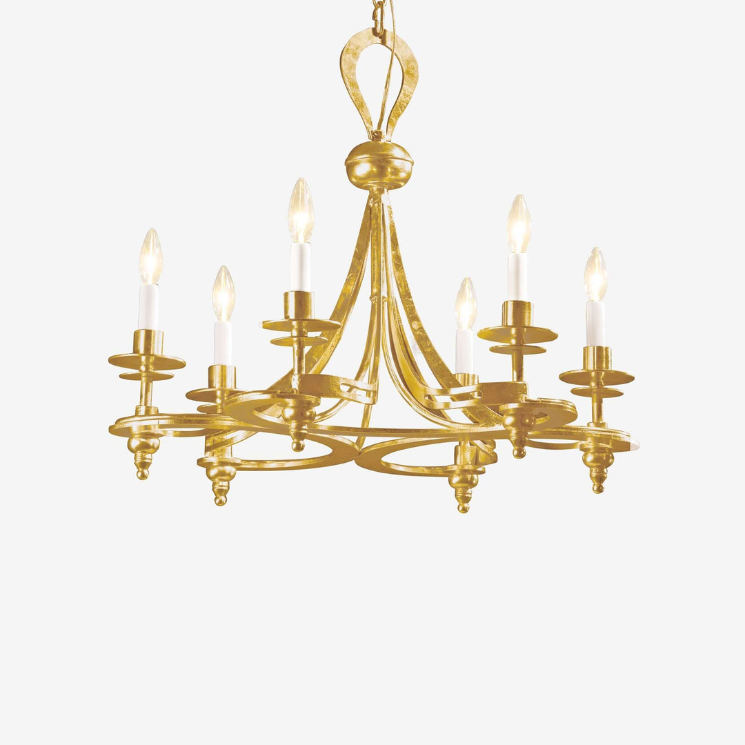 Vintage-Inspired Italian Iron Chandelier in Antique Gold Leaf with sculptural timeless Italian craftsmanship, 8 light design.