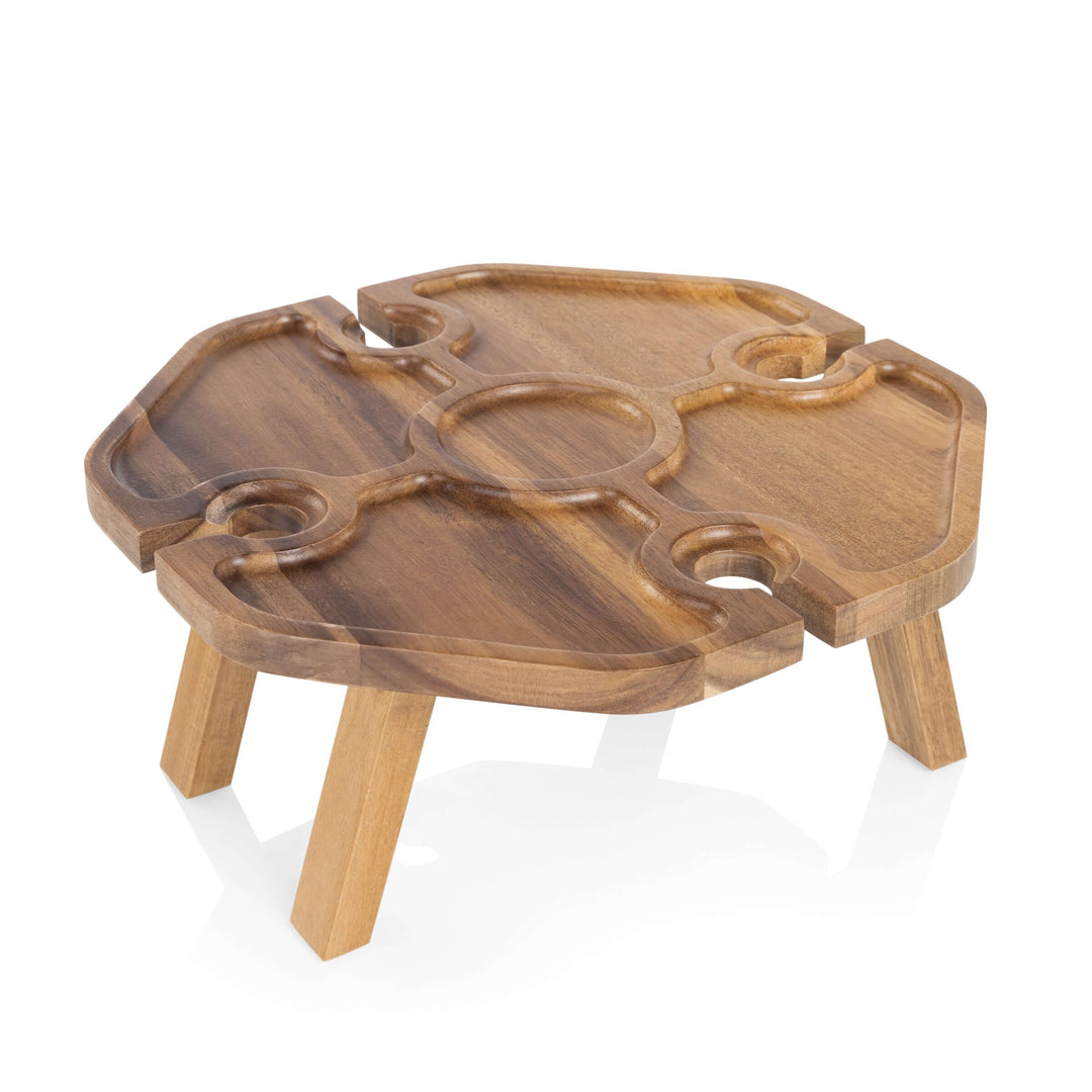 Vintage-Inspired Wine Picnic Table with acacia wood and folding legs for outdoor entertaining.