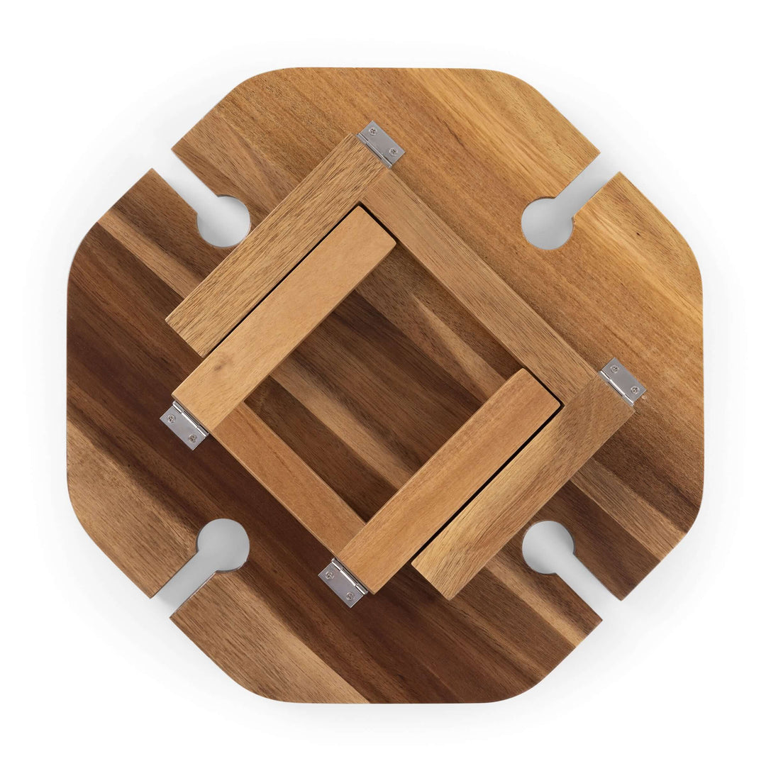 Vintage-Inspired Wine Picnic Table with acacia wood and folding legs for outdoor entertaining, viewed from above.