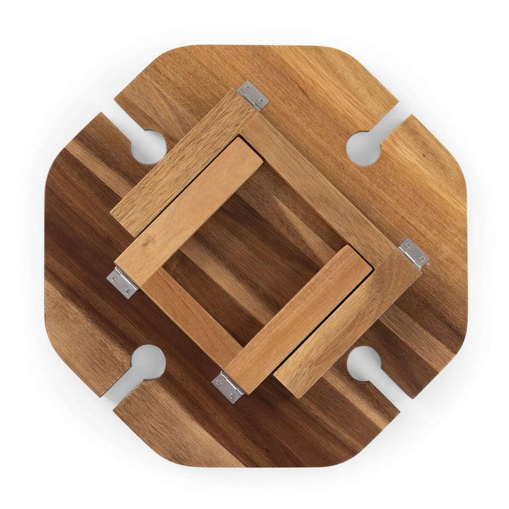 Vintage-Inspired Wine Picnic Table with acacia wood and folding legs for outdoor entertaining, viewed from above.