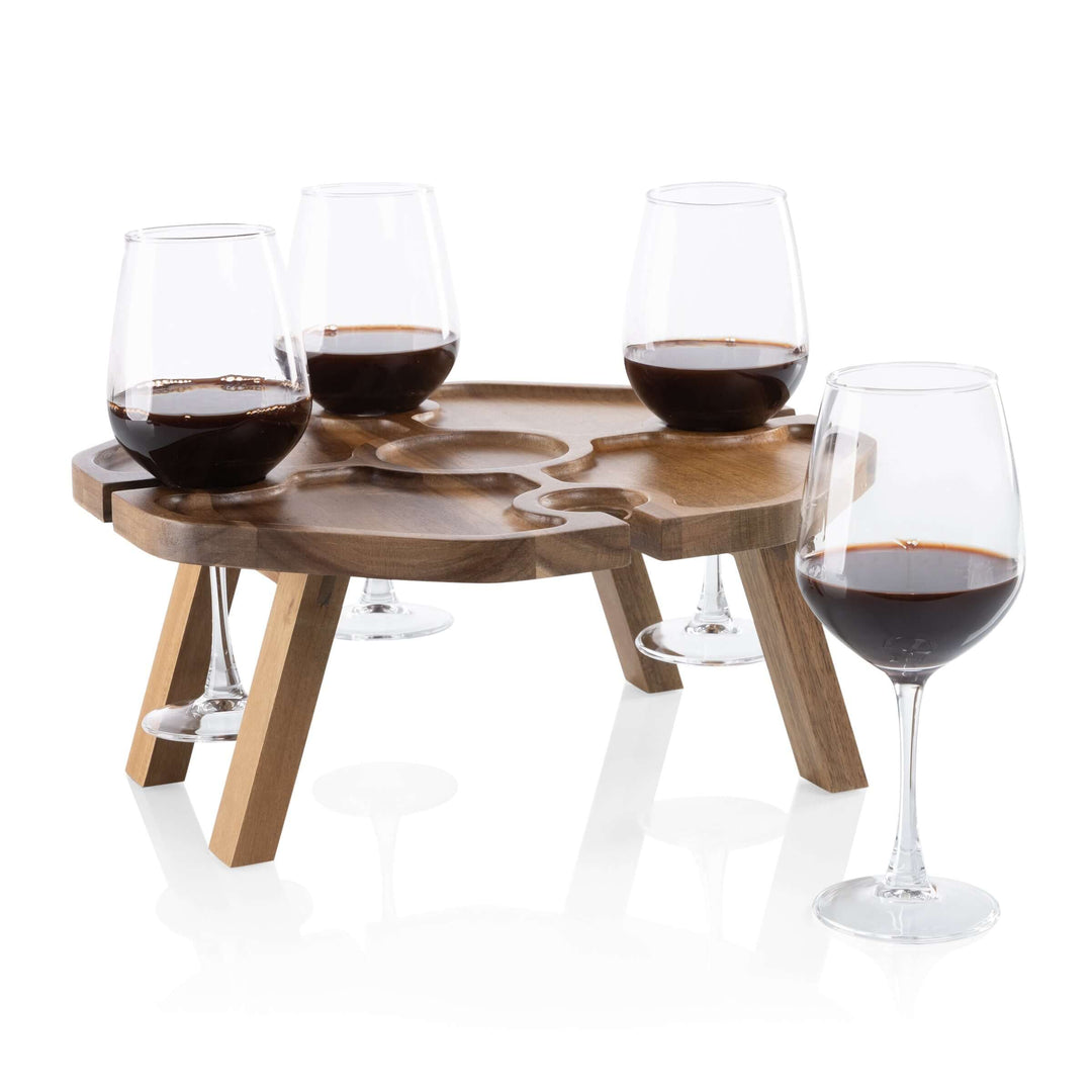 Portable Vintage-Inspired Wine Picnic Table with wine glasses, featuring folding legs for outdoor entertaining.