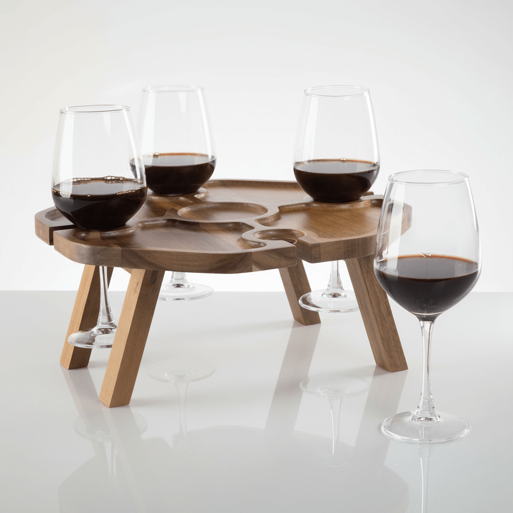 Vintage-Inspired Wine Picnic Table with folding legs and wine glasses, perfect for outdoor entertaining and elegance.