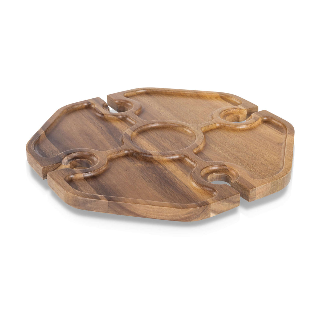 Vintage-Inspired Wine Picnic Table with folding legs, portable design in acacia wood for outdoor entertaining, featuring glass and bottle holders.