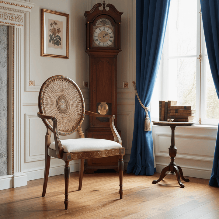 Vintage Italian Carved Wood Armchair with Cane Back in elegant room with grandfather clock and blue curtains