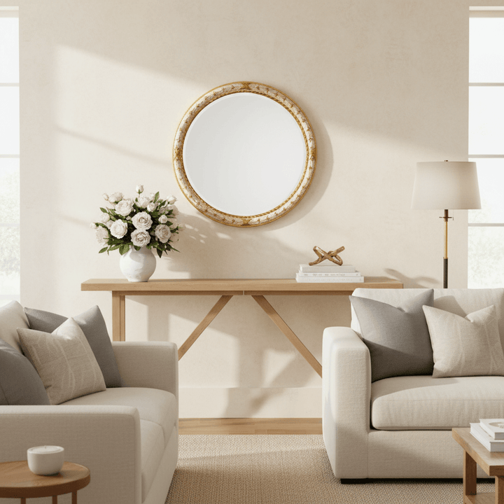 Vintage Italian Cream and Gold Round Wall Mirror in elegant living room setting with beige walls, white sofas, and wooden console table.