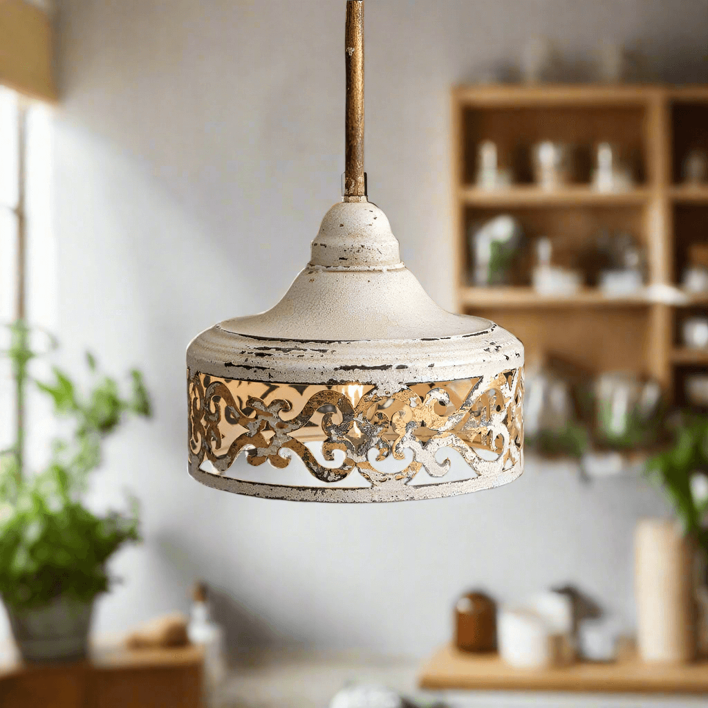 Vintage kitchen metal pendant light in distressed white finish with laser cut scroll design, perfect for shabby chic interiors.