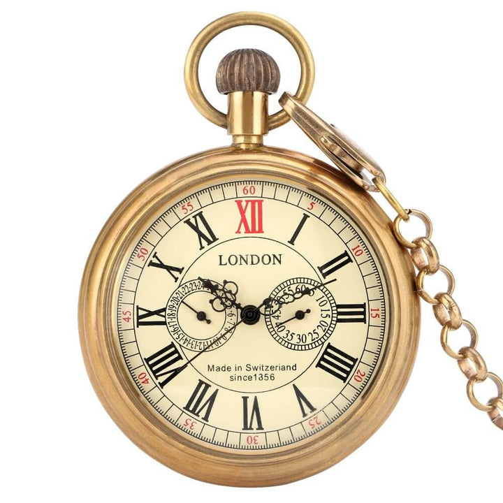 Vintage London Mechanical Pocket Watch with Roman numerals and brass finish