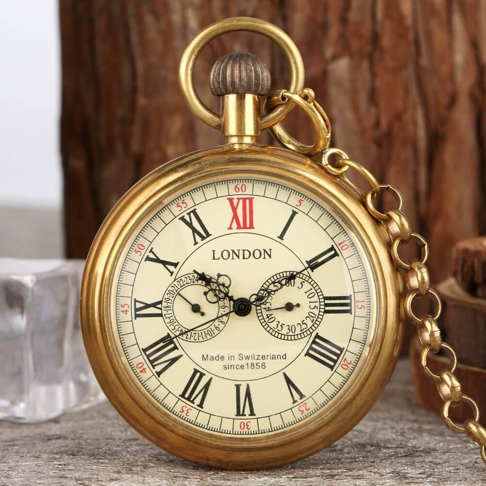 Vintage London Mechanical Pocket Watch with Roman numerals and brass finish, showcasing intricate hand wind movement and London design.