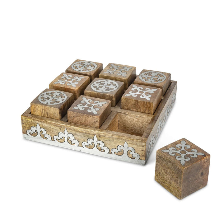 Vintage Mango Wood Tic Tac Toe Game with Metal Inlay, showcasing rustic French Country style with elegant silver accents.