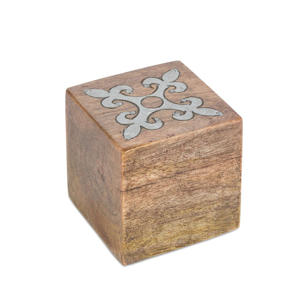 Vintage Mango Wood Tic Tac Toe Game with metal inlay, handcrafted elegance in French Country style for rustic warm decor.