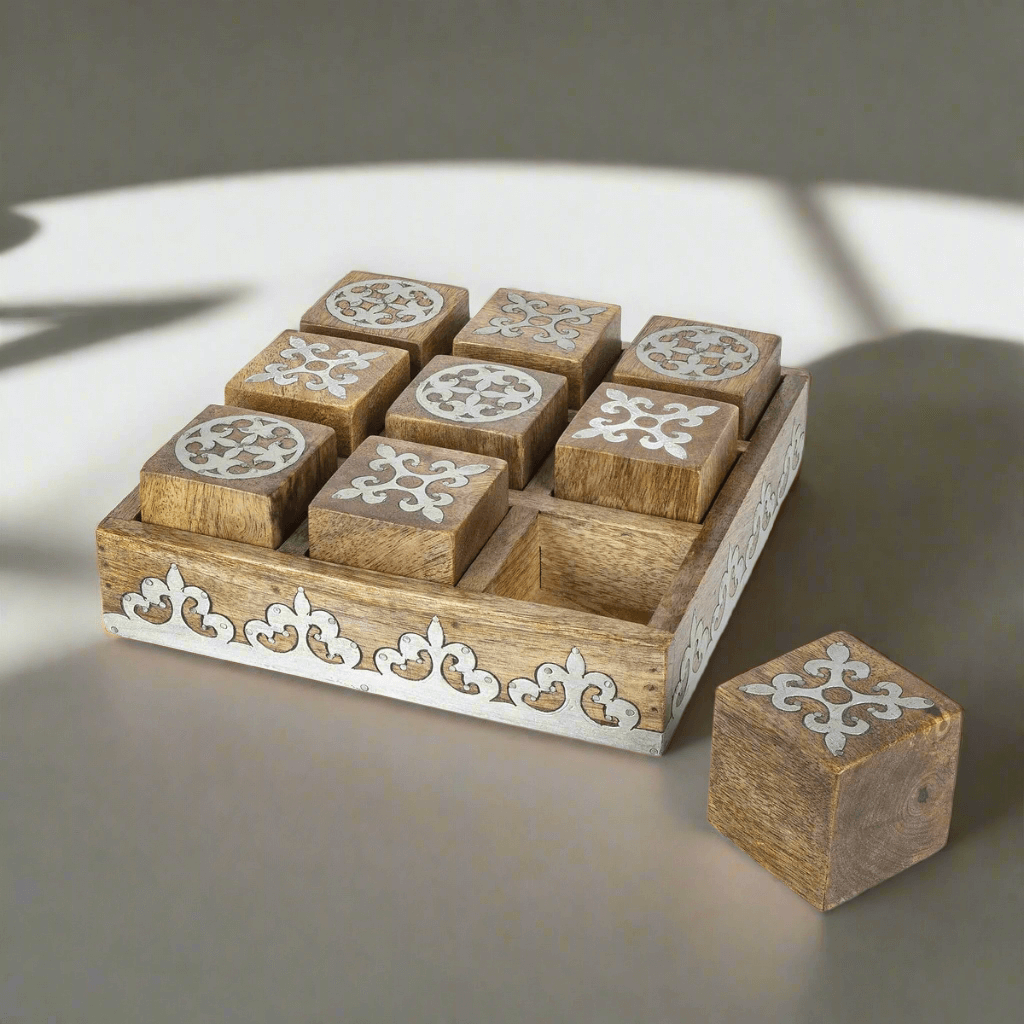 Vintage tic tac toe game made of mango wood with elegant metal inlay, reflecting French Country style simplicity and charm.