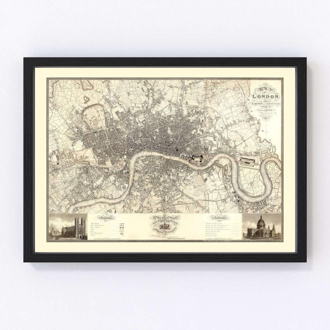 Vintage Map of London 1827 framed wall art print showing detailed city layout and Thames River.
