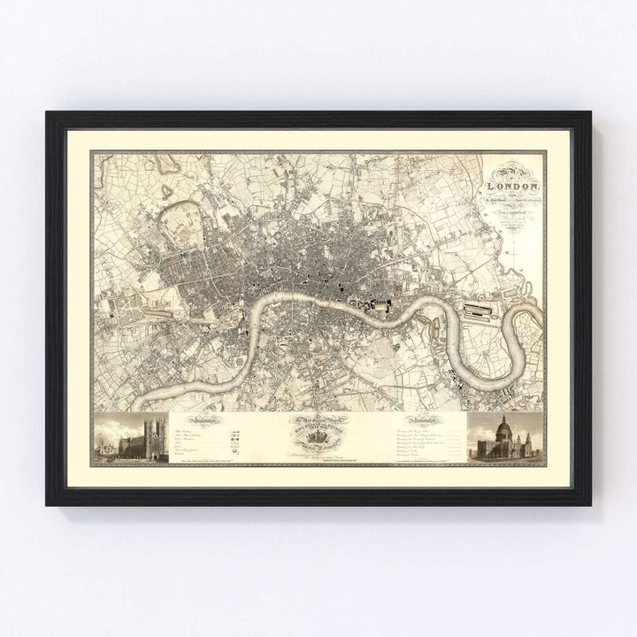 Vintage Map of London 1827 framed wall art print showing detailed city layout and Thames River.