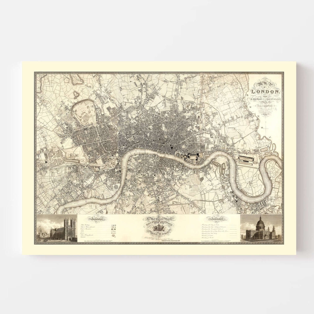 Vintage Map of London 1827 wall art print, depicting historic city details and the Thames River.