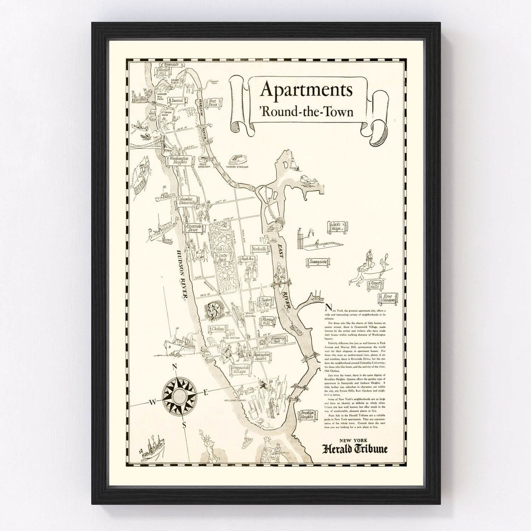 Framed Vintage Map of Manhattan 1935 showing historic New York City landmarks and streets.