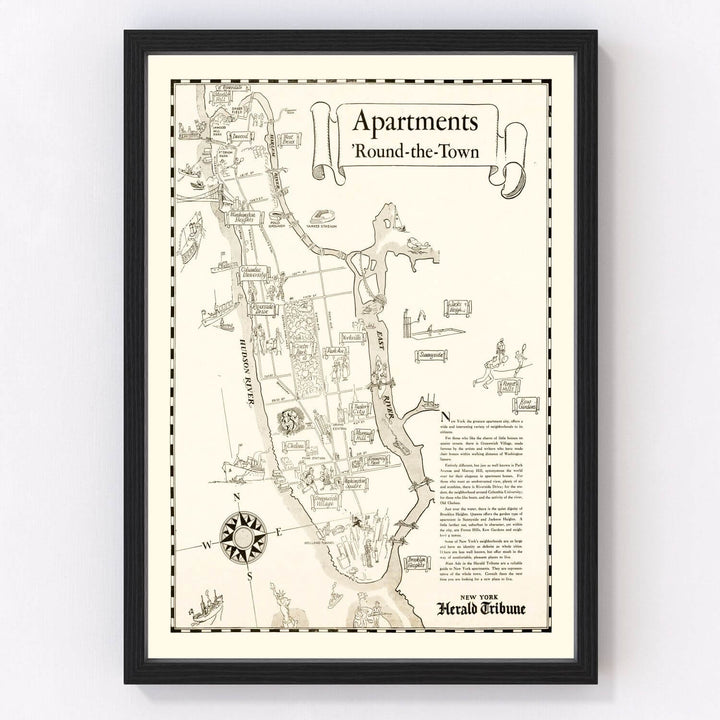 Framed Vintage Map of Manhattan 1935 showing historic New York City landmarks and streets.