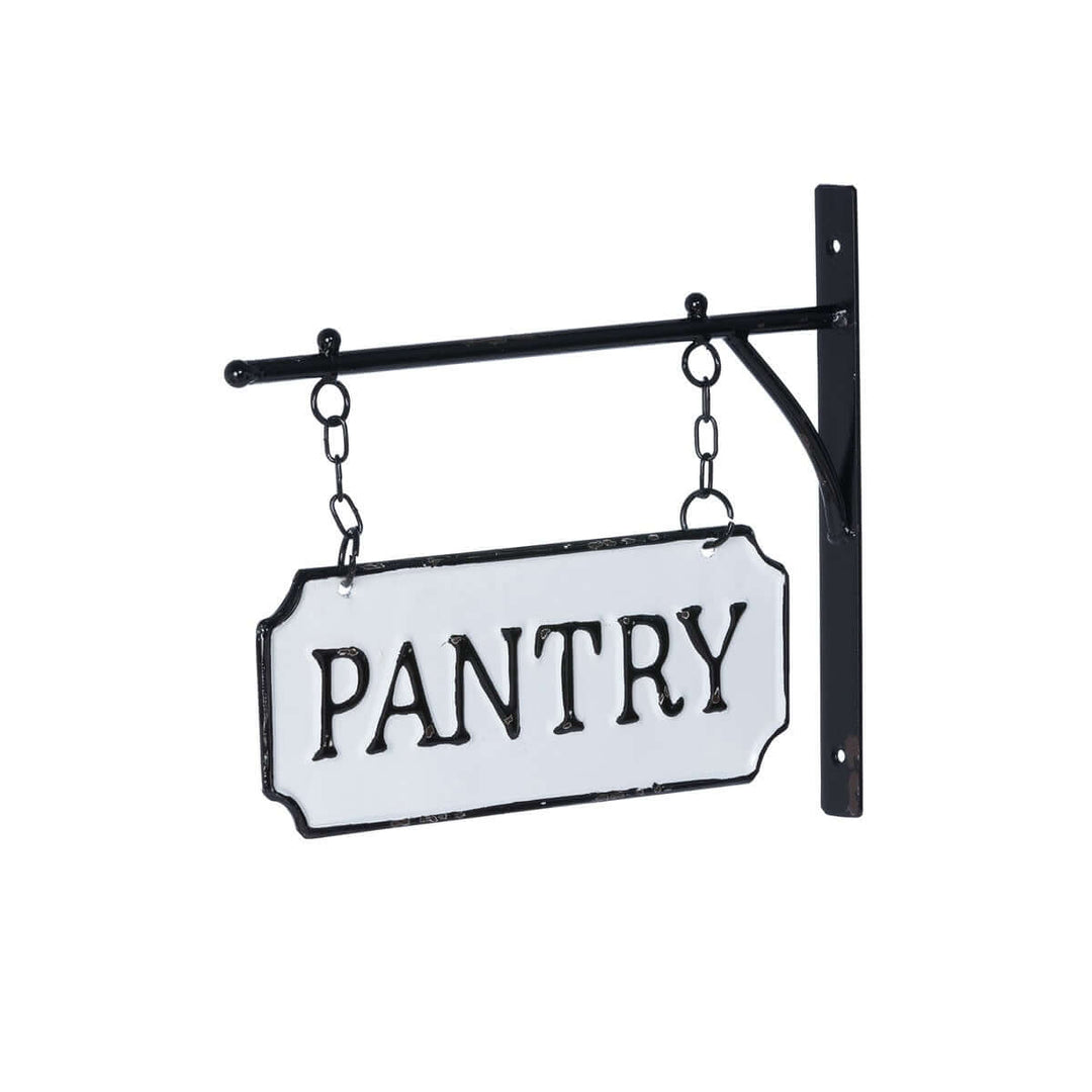 Vintage metal pantry sign with hanging display bar, black-and-white enamel finish, evokes country kitchen nostalgia.