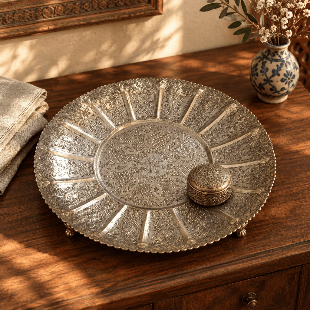 Vintage Moroccan Scalloped Tray styled as a decorative accent on a walnut console