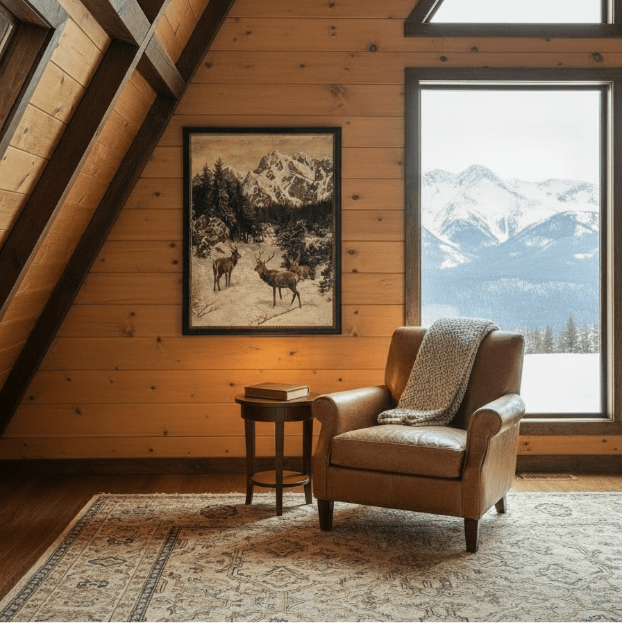 Cozy living room with wooden walls, a leather armchair, and a mountain view.