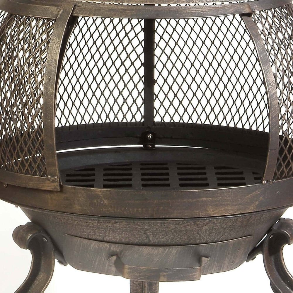 Close-up of Vintage Outdoor Chimenea Fire Pit showcasing sturdy cast iron design and intricate mesh details.