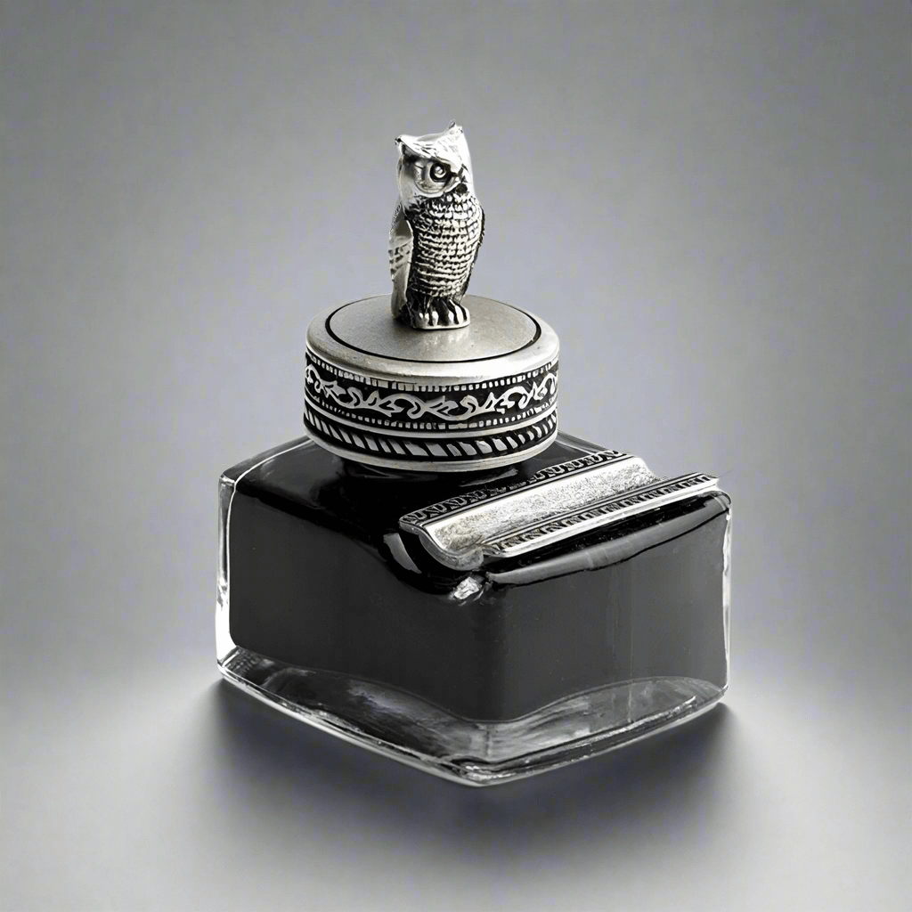 Vintage Owl Glass Inkwell with Pewter Cap & Pen Rest on a sleek surface.