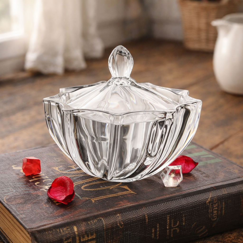 Vintage petal-cut glass candy jar with faceted lid styled on an old book